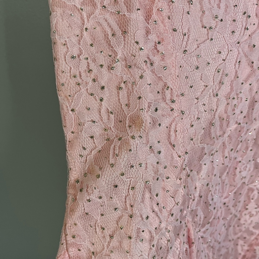 Nuance x Vintage 80s Cinderella Pink Tiered Asymmetrical Lace Rhinestone Dress - Picture 11 of 13